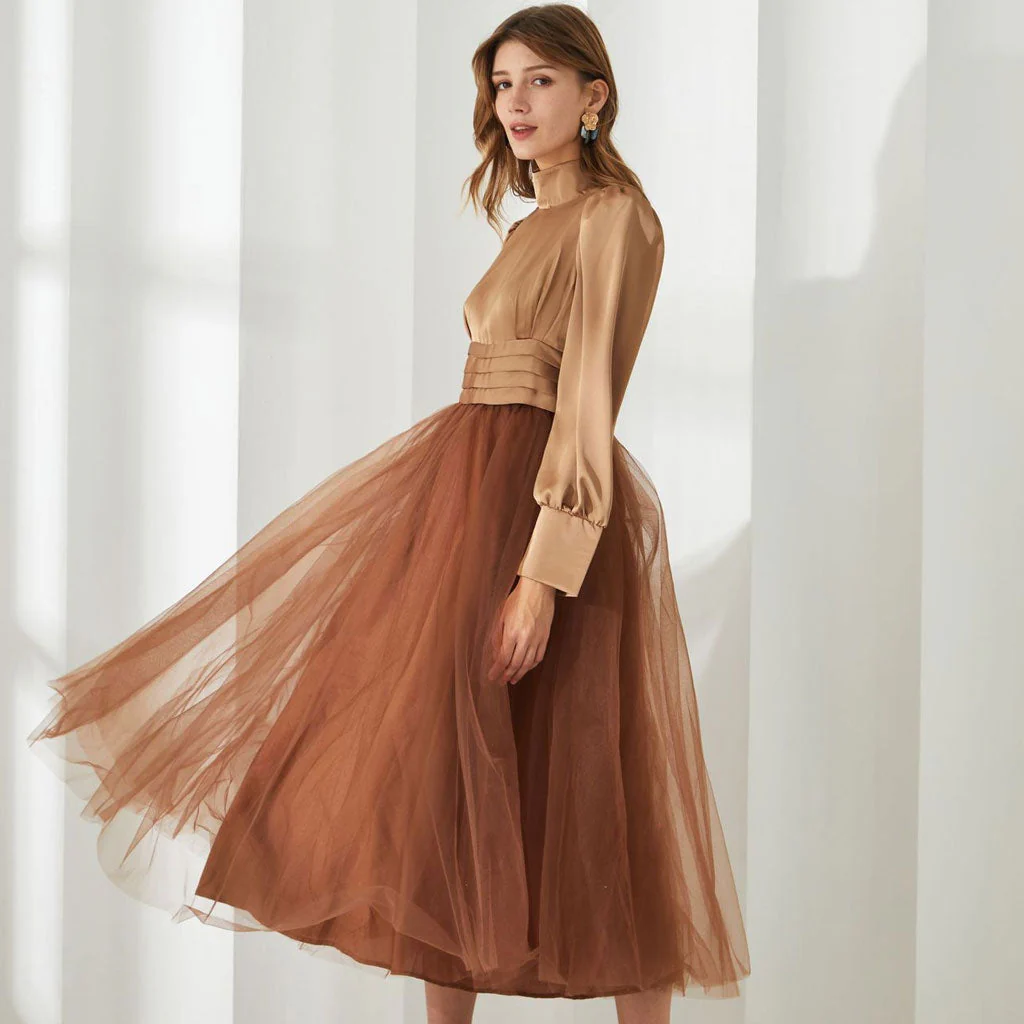 Opulent Two Tone Mock Neck Pleated High Waist Puff Sleeve Midi Dress - Image 2