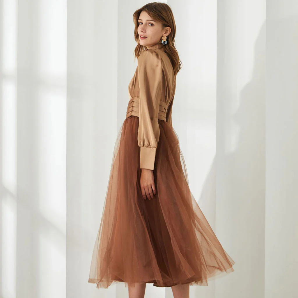 Opulent Two Tone Mock Neck Pleated High Waist Puff Sleeve Midi Dress - Image 3