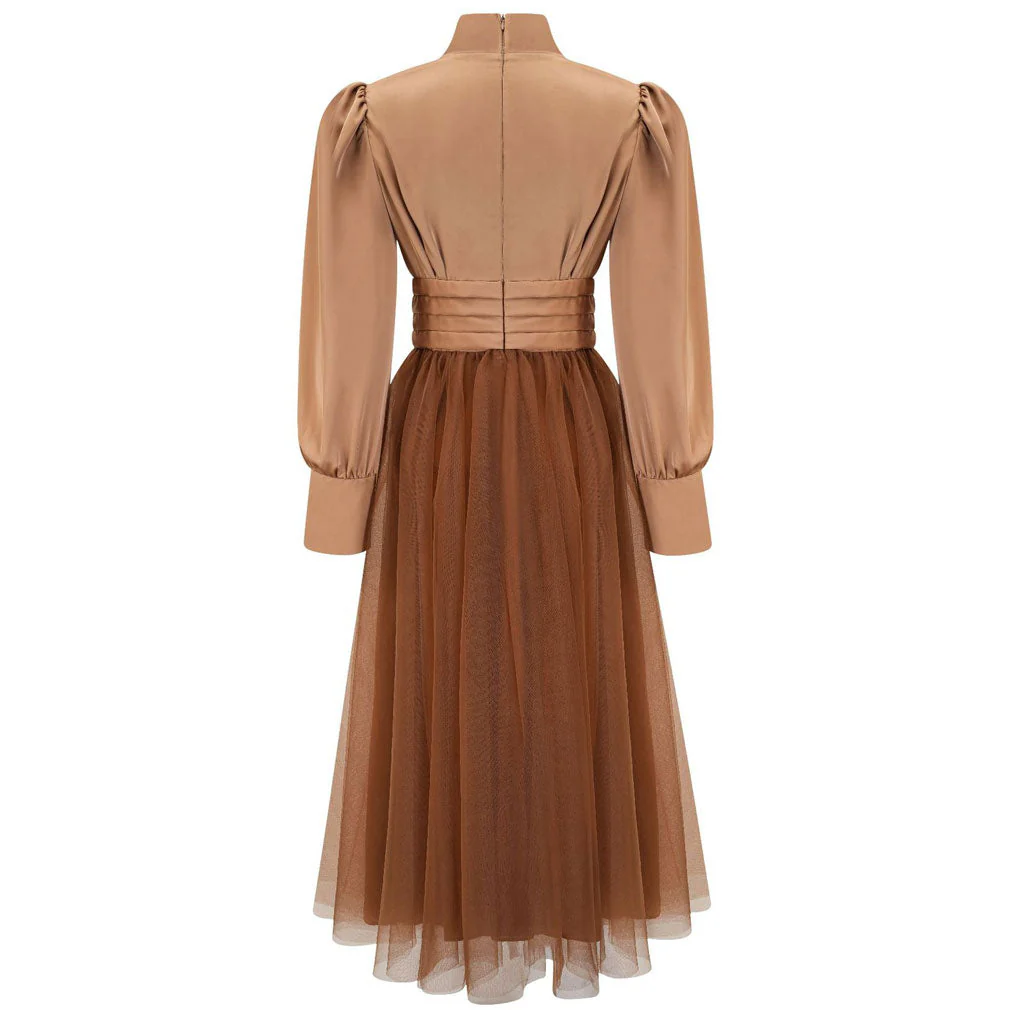 Opulent Two Tone Mock Neck Pleated High Waist Puff Sleeve Midi Dress - Image 5