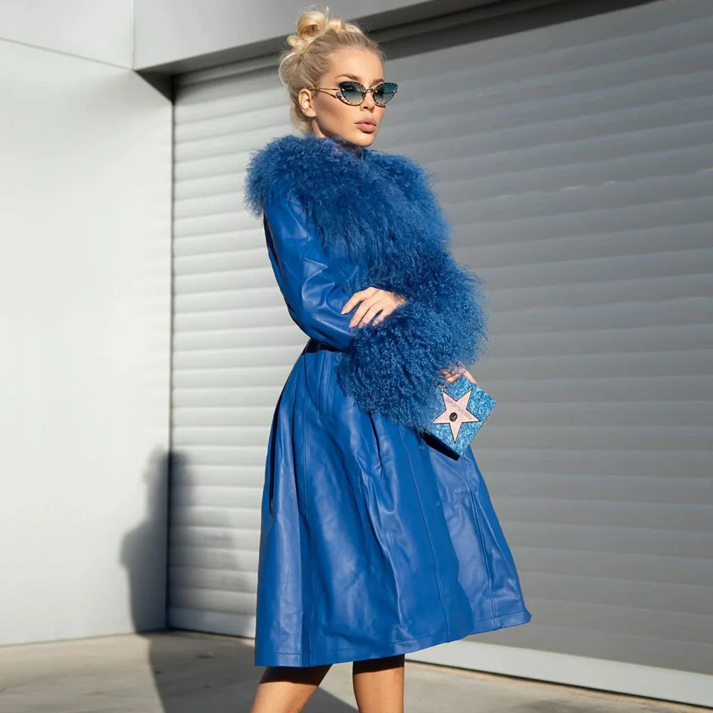 Ornate Faux Fur Collar Button Down Long Sleeve Midi Lambskin Leather Trench Coat - Image 2
