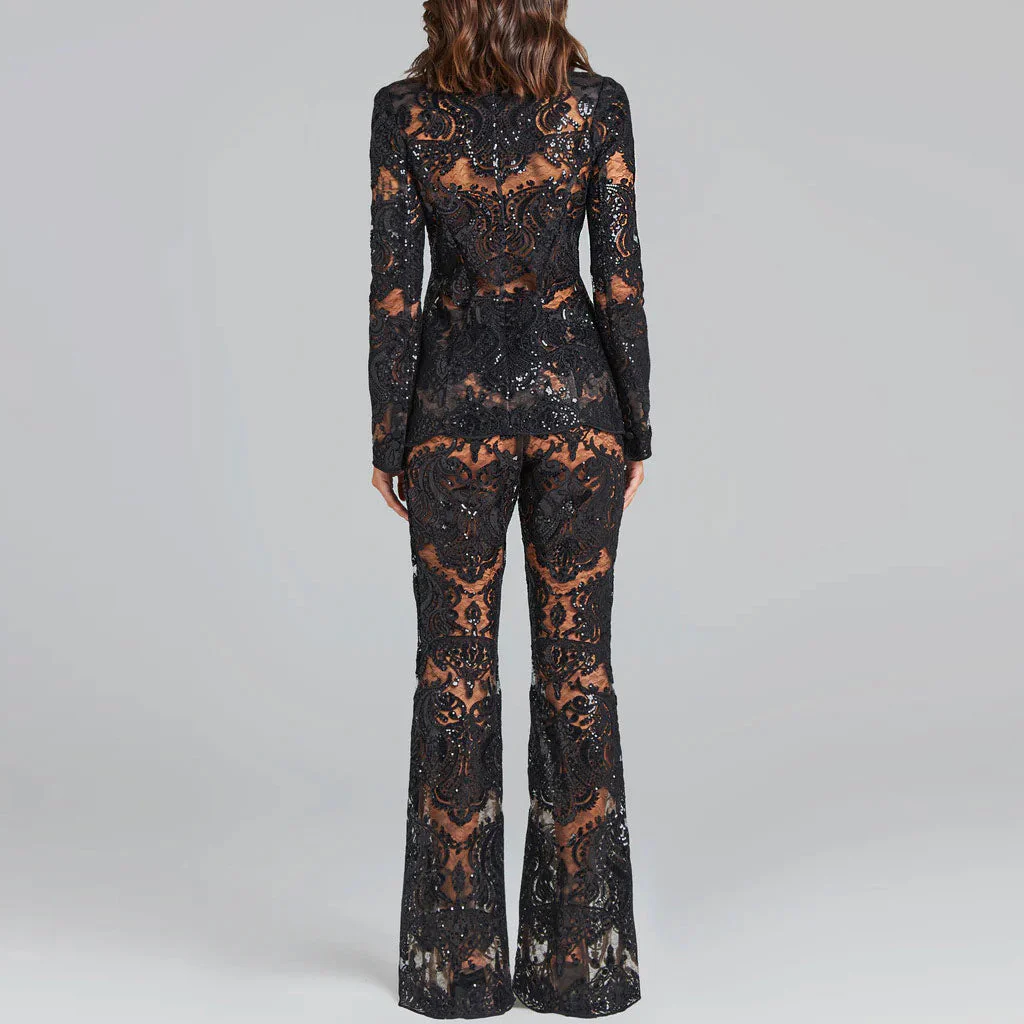 Ornate Floral Embroidered Bootcut Sheer Mesh Sequined Blazer Matching Set - Image 2