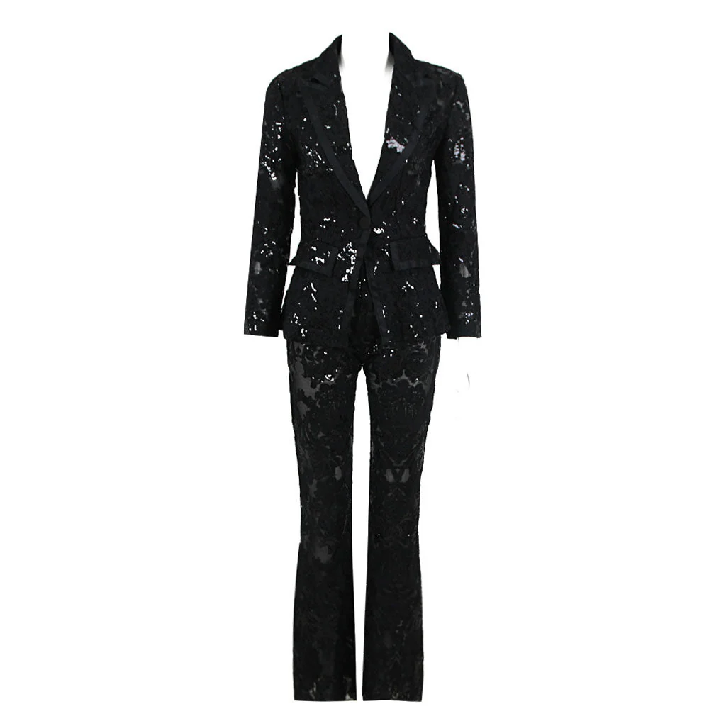 Ornate Floral Embroidered Bootcut Sheer Mesh Sequined Blazer Matching Set - Image 3