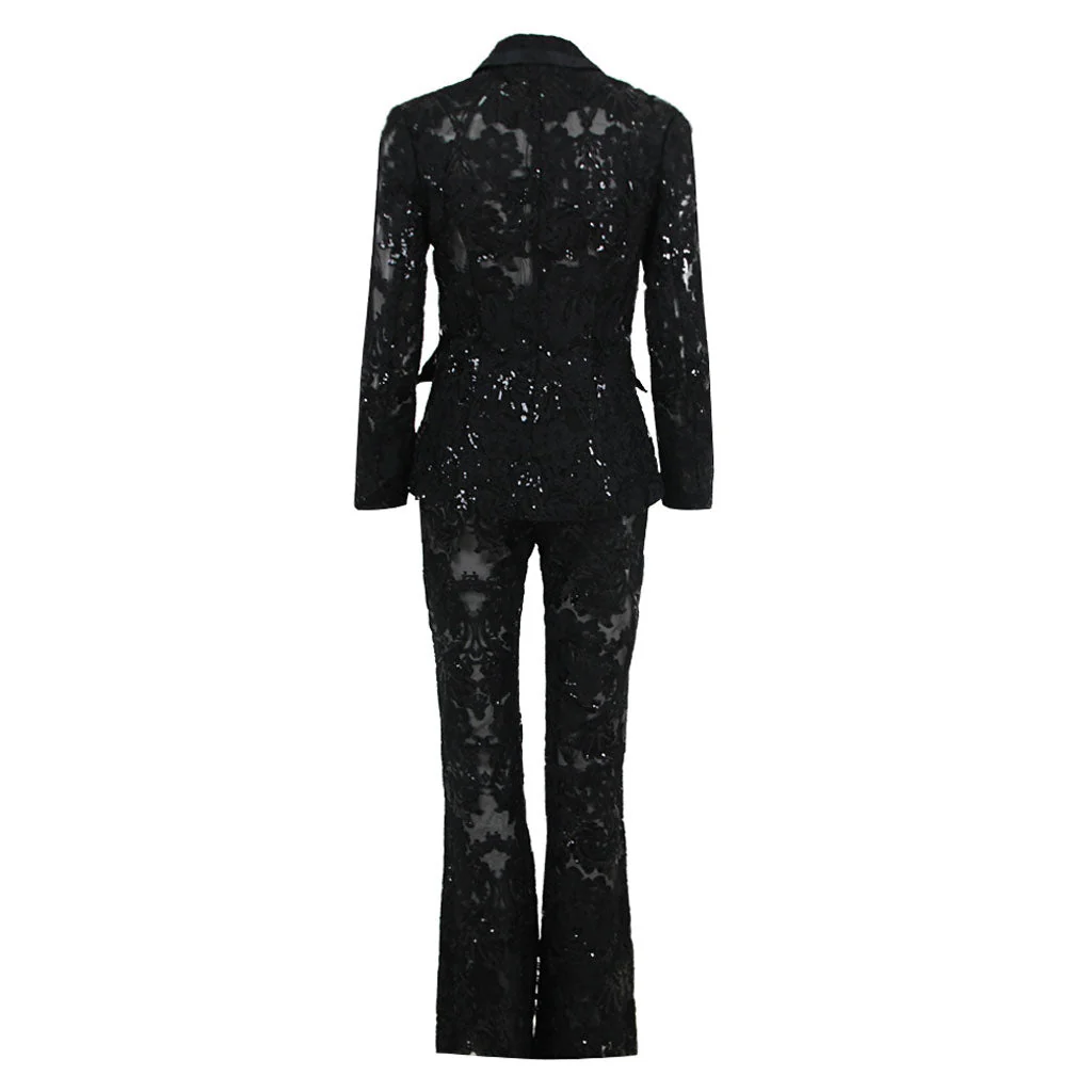 Ornate Floral Embroidered Bootcut Sheer Mesh Sequined Blazer Matching Set - Image 4