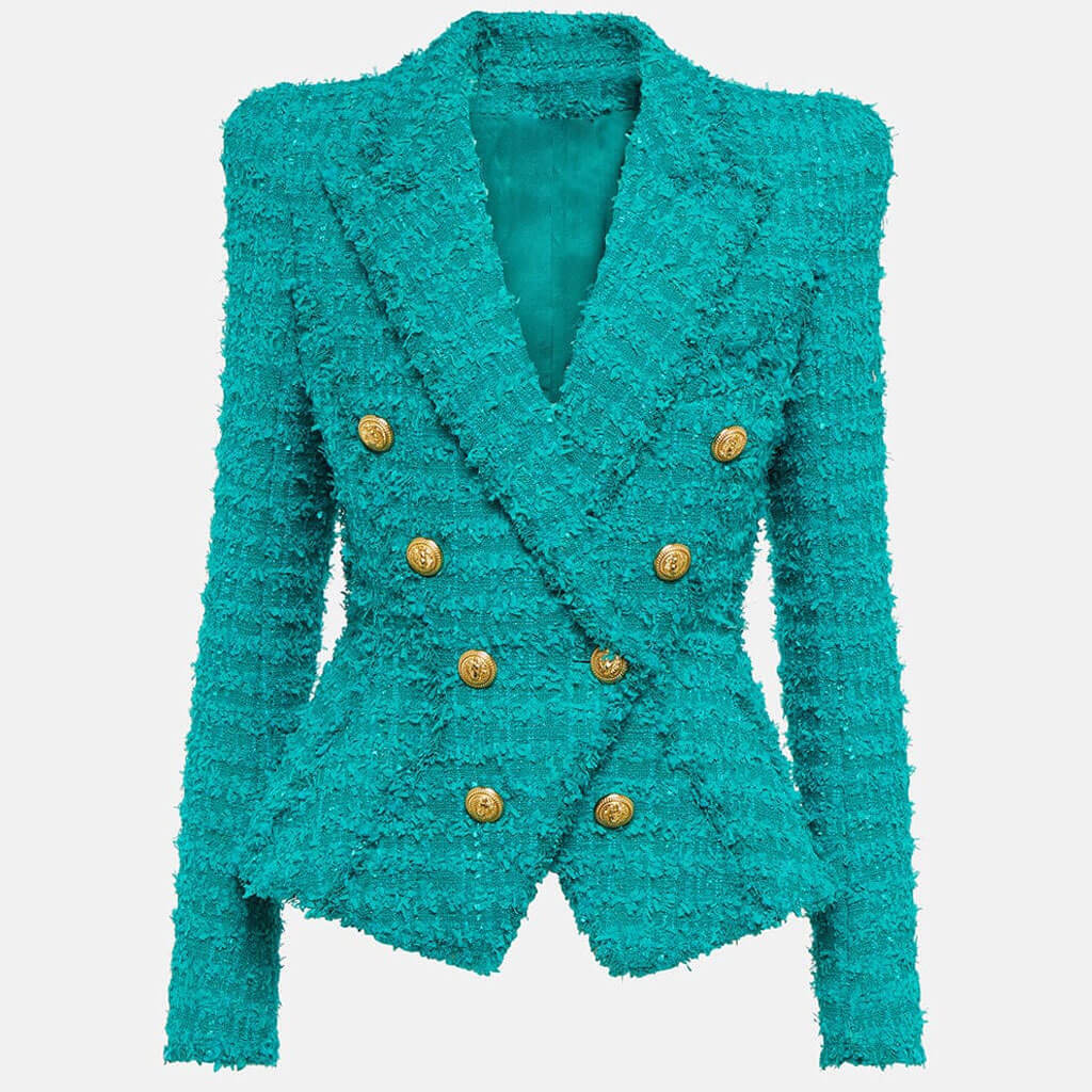 Ornate Lapel Shoulder Pad Long Sleeve Double Breasted Tweed Tailored Blazer - Image 5