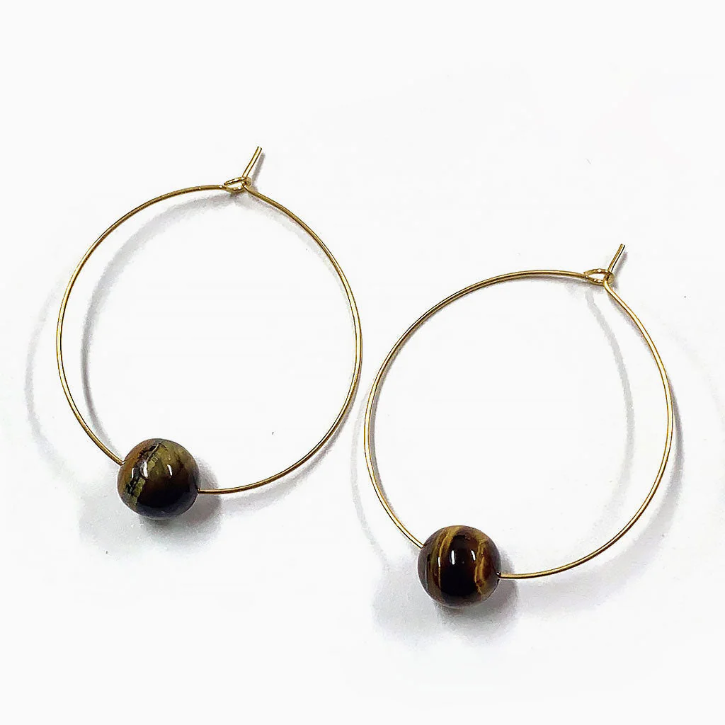 Oversized 18K Gold Plated Ring Tigers Eye Beaded Hoop Earrings - Image 2