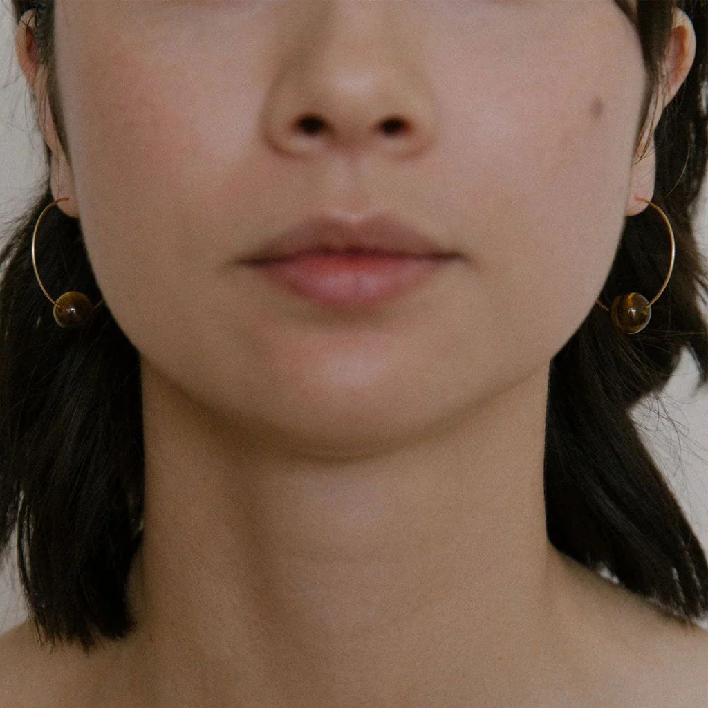 Oversized 18K Gold Plated Ring Tigers Eye Beaded Hoop Earrings - Image 3