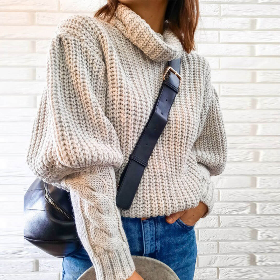 Oversized Cable Knit Trim Bishop Sleeve Turtleneck Sweater - Gray - Image 2