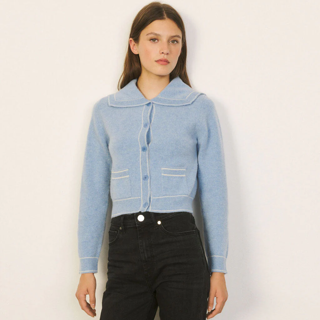 Oversized Collar Long Sleeve Cashmere Blend Crop Cardigan - Dusty Blue - Image 2