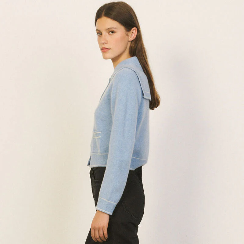 Oversized Collar Long Sleeve Cashmere Blend Crop Cardigan - Dusty Blue - Image 3