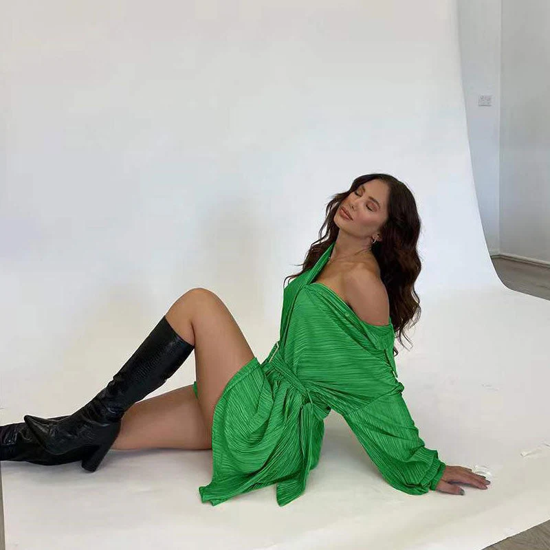 Oversized Collared Button Up Belted Pleated Shirt Mini Dress - Green - Image 3