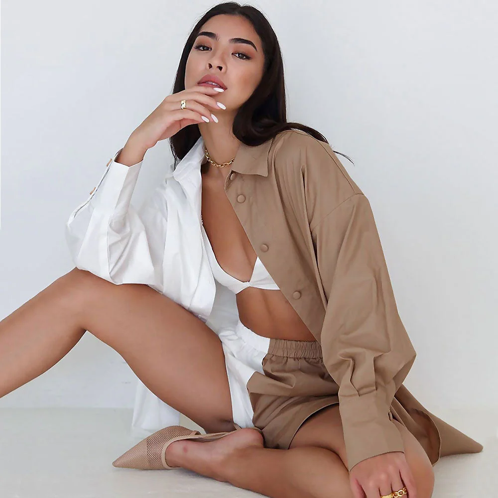 Oversized Color Block Button Down Pocketed Shorts Matching Set - Khaki - Image 2