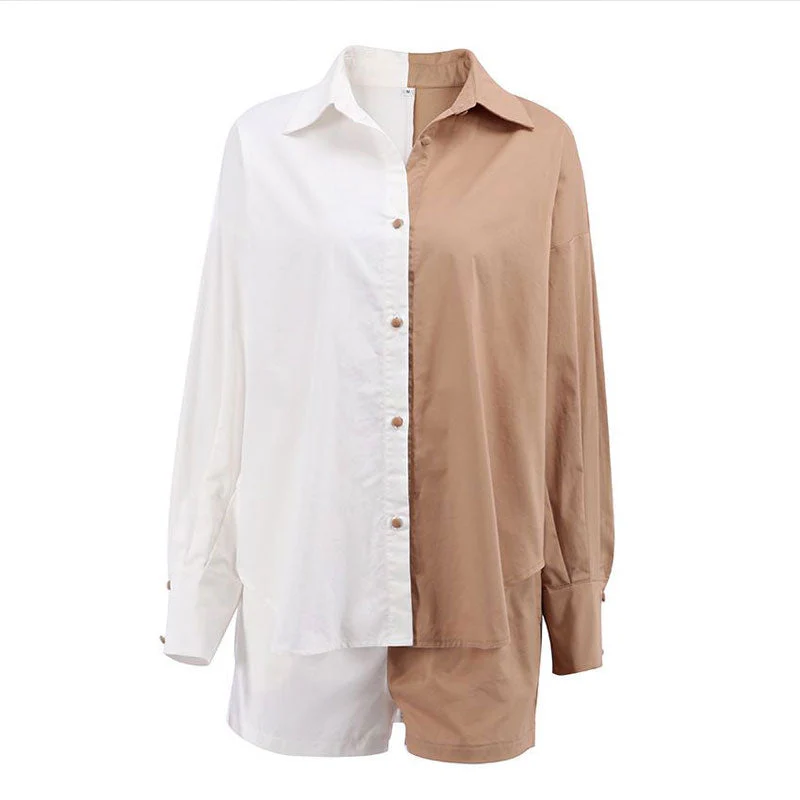 Oversized Color Block Button Down Pocketed Shorts Matching Set - Khaki - Image 4