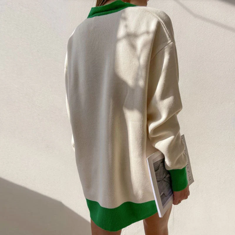 Oversized Contrast Color Rib Knit Button Up Long Sleeve Cardigan - Beige - Image 3