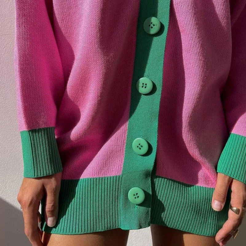 Oversized Contrast Color Rib Knit Button Up Long Sleeve Cardigan - Pink - Image 3