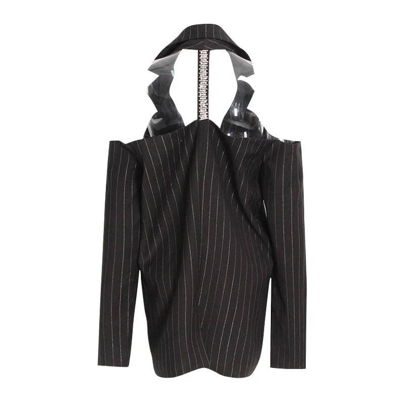 Oversized Crystal Embellished CutOut Single Breasted Lapel Collar Striped Blazer - Image 2
