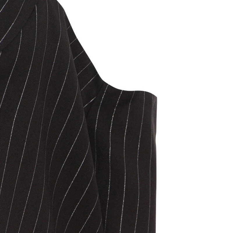 Oversized Crystal Embellished CutOut Single Breasted Lapel Collar Striped Blazer - Image 4