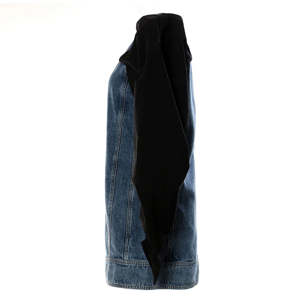 Oversized Detachable Puff Sleeve Crew Neck Faded Effect Hybrid Denim Mini Dress - Image 2