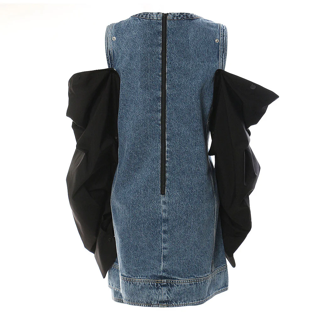 Oversized Detachable Puff Sleeve Crew Neck Faded Effect Hybrid Denim Mini Dress - Image 3