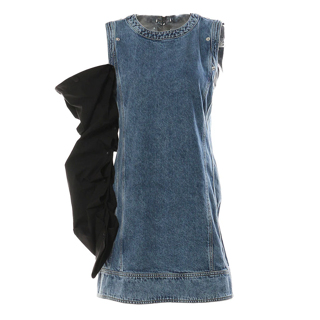 Oversized Detachable Puff Sleeve Crew Neck Faded Effect Hybrid Denim Mini Dress - Image 4