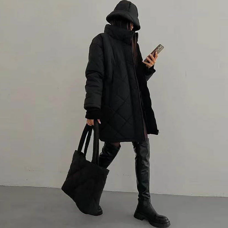 Oversized Diamond Quilted Long Sleeve Longline Puffer Jacket - Black - Image 2