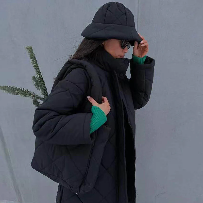 Oversized Diamond Quilted Long Sleeve Longline Puffer Jacket - Black - Image 3