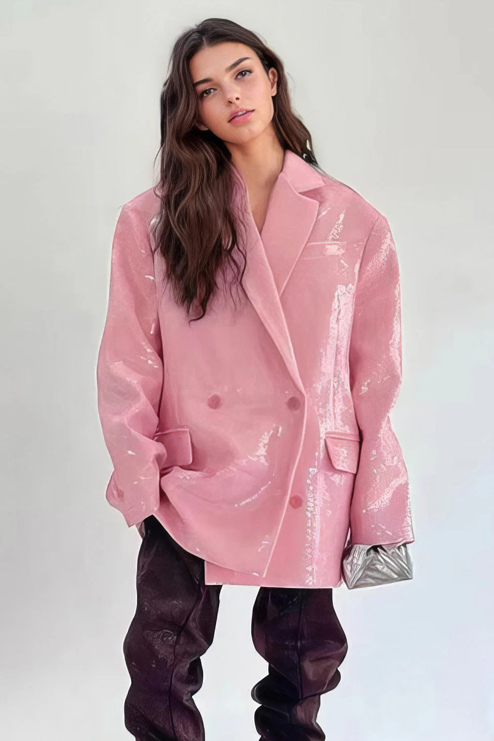 Oversized Double Breasted Blazer with Sequins - Pink - Image 2