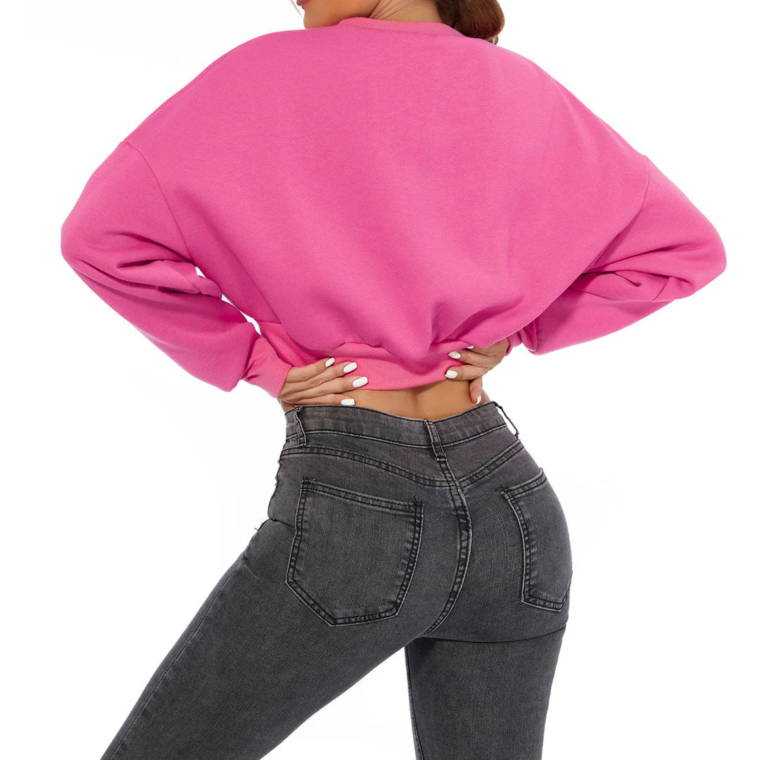 Oversized Drop Shoulder Long Sleeve Mock Neck Cropped Sweatshirt - Hot Pink - Image 3