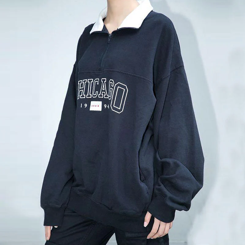 Oversized Embroidered Trim Drop Shoulder Half Zip Collared Sweatshirt - Navy Blue - Image 2