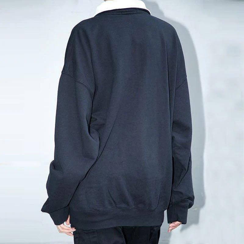 Oversized Embroidered Trim Drop Shoulder Half Zip Collared Sweatshirt - Navy Blue - Image 3