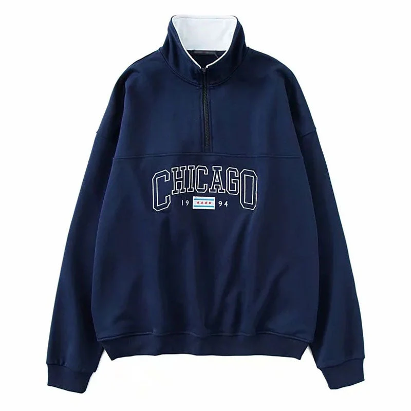 Oversized Embroidered Trim Drop Shoulder Half Zip Collared Sweatshirt - Navy Blue - Image 4