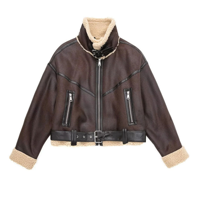 Oversized Fleeced Buckle Trim Faux Leather Cropped Coat - Brown - Image 4