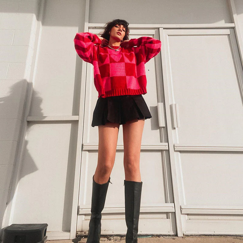 Oversized Heart Checkered Pattern Long Sleeve Rib Knit Sweater - Red - Image 3