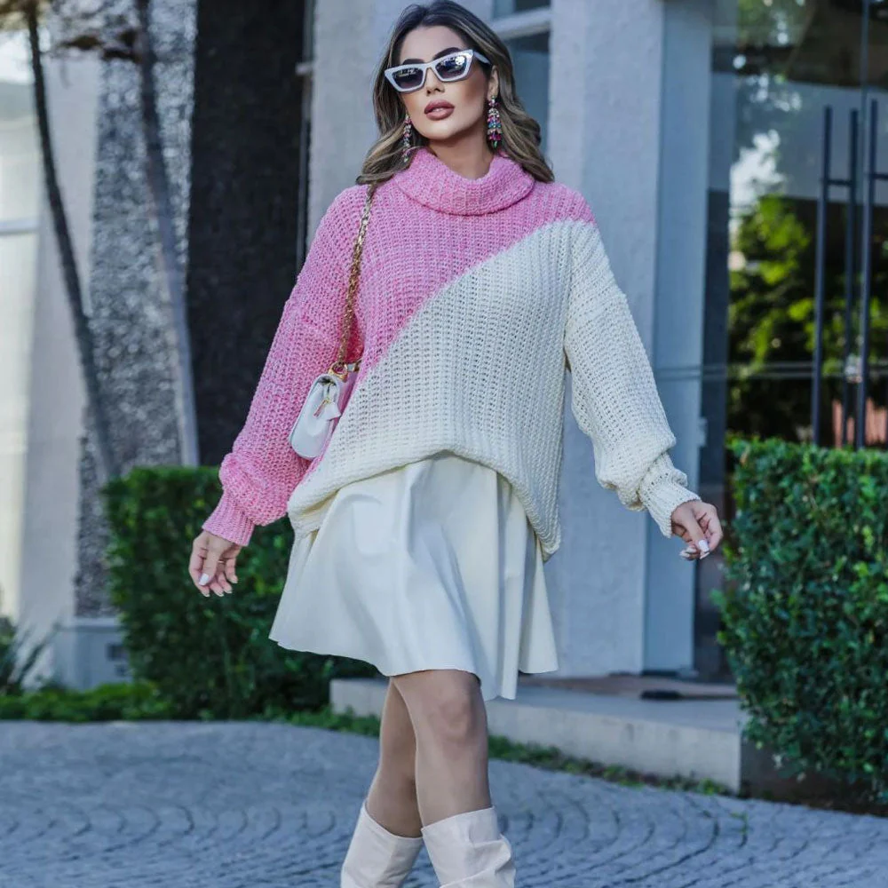 Oversized Knitted Color Block Turtleneck Drop Shoulder Long Sleeve Sweater - Pink - Image 3
