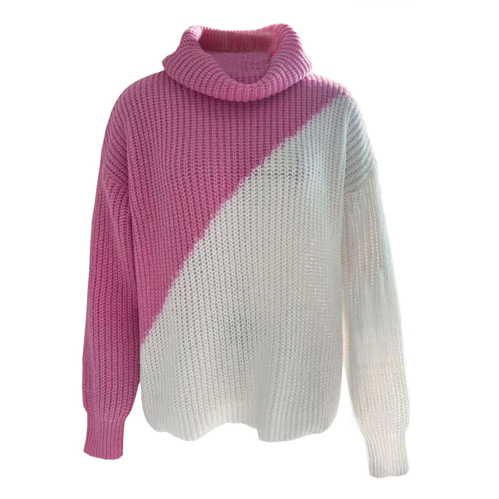 Oversized Knitted Color Block Turtleneck Drop Shoulder Long Sleeve Sweater - Pink - Image 4