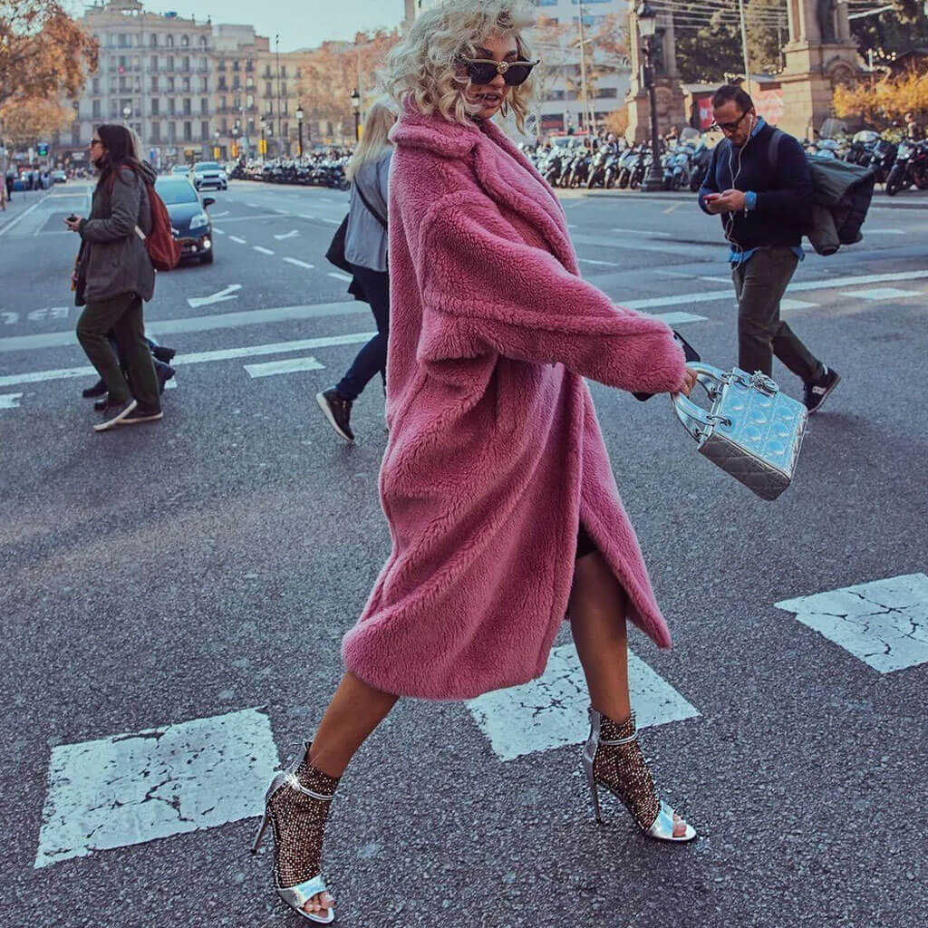 Oversized Lapel Double Breasted Faux Shearling Long Teddy Coat - Pink - Image 3
