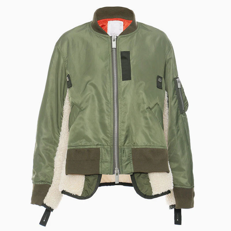 Oversized Layered Faux Wool Panel Drawstring Zip Up Bomber Jacket - Army Green - Image 2