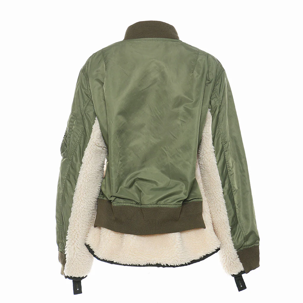 Oversized Layered Faux Wool Panel Drawstring Zip Up Bomber Jacket - Army Green - Image 3