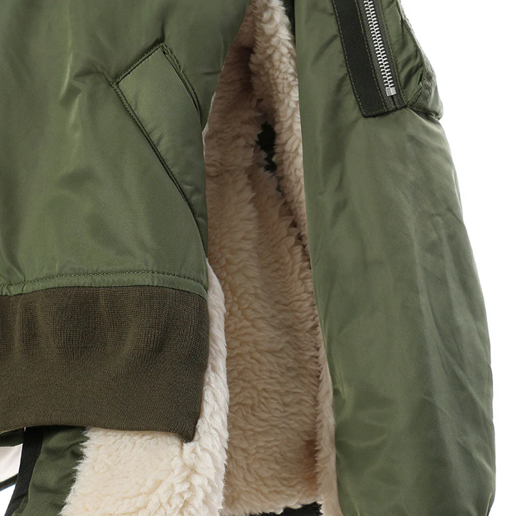 Oversized Layered Faux Wool Panel Drawstring Zip Up Bomber Jacket - Army Green - Image 4