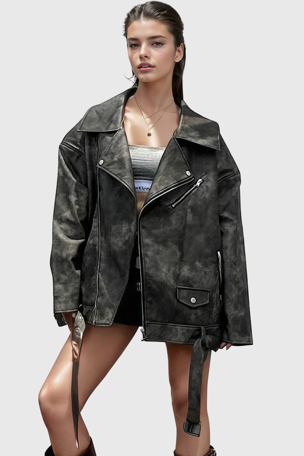 Oversized Leather Jacket - Dark Green - Image 2