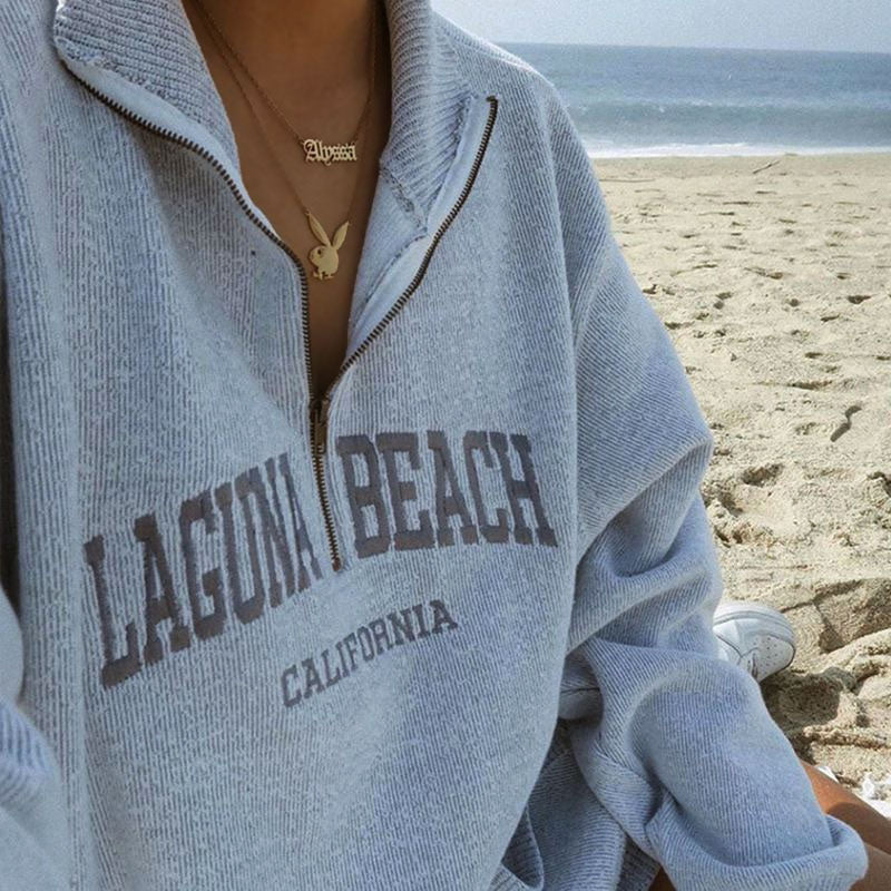 Oversized Letter Embroidery Drop Shoulder Half Zip Collared Sweatshirt - Gray - Image 2