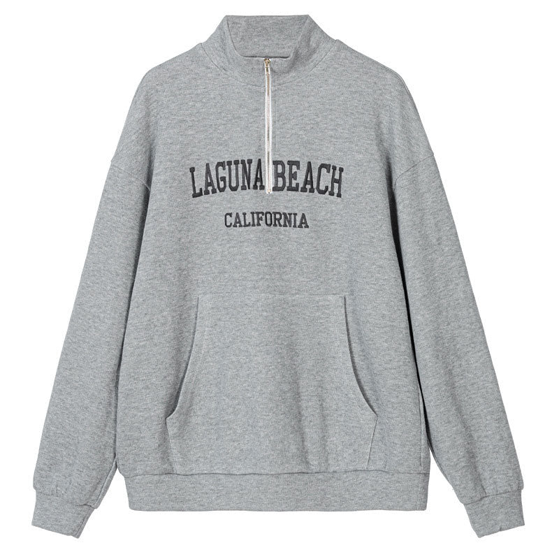 Oversized Letter Embroidery Drop Shoulder Half Zip Collared Sweatshirt - Gray - Image 3