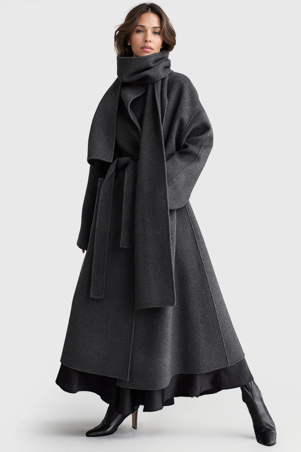 Oversized Long Coat with Belt - Grey - Image 2