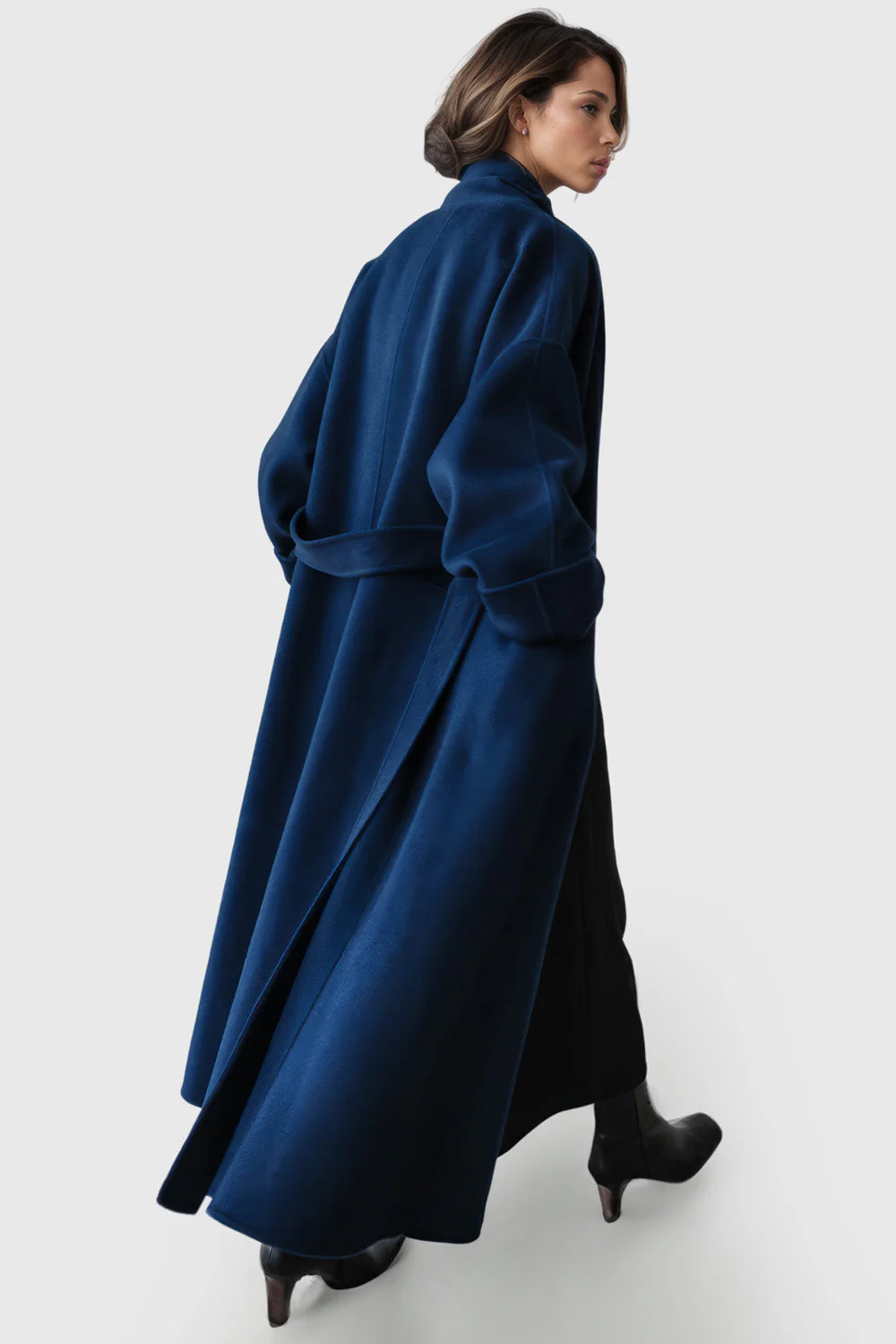Oversized Long Coat with Belt - Navy Blue - Image 2