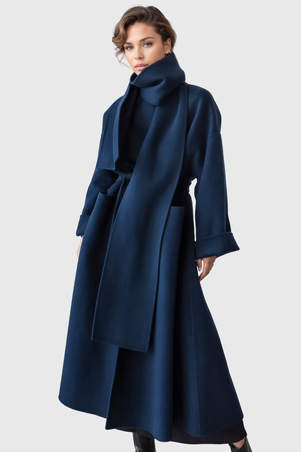 Oversized Long Coat with Belt - Navy Blue - Image 3