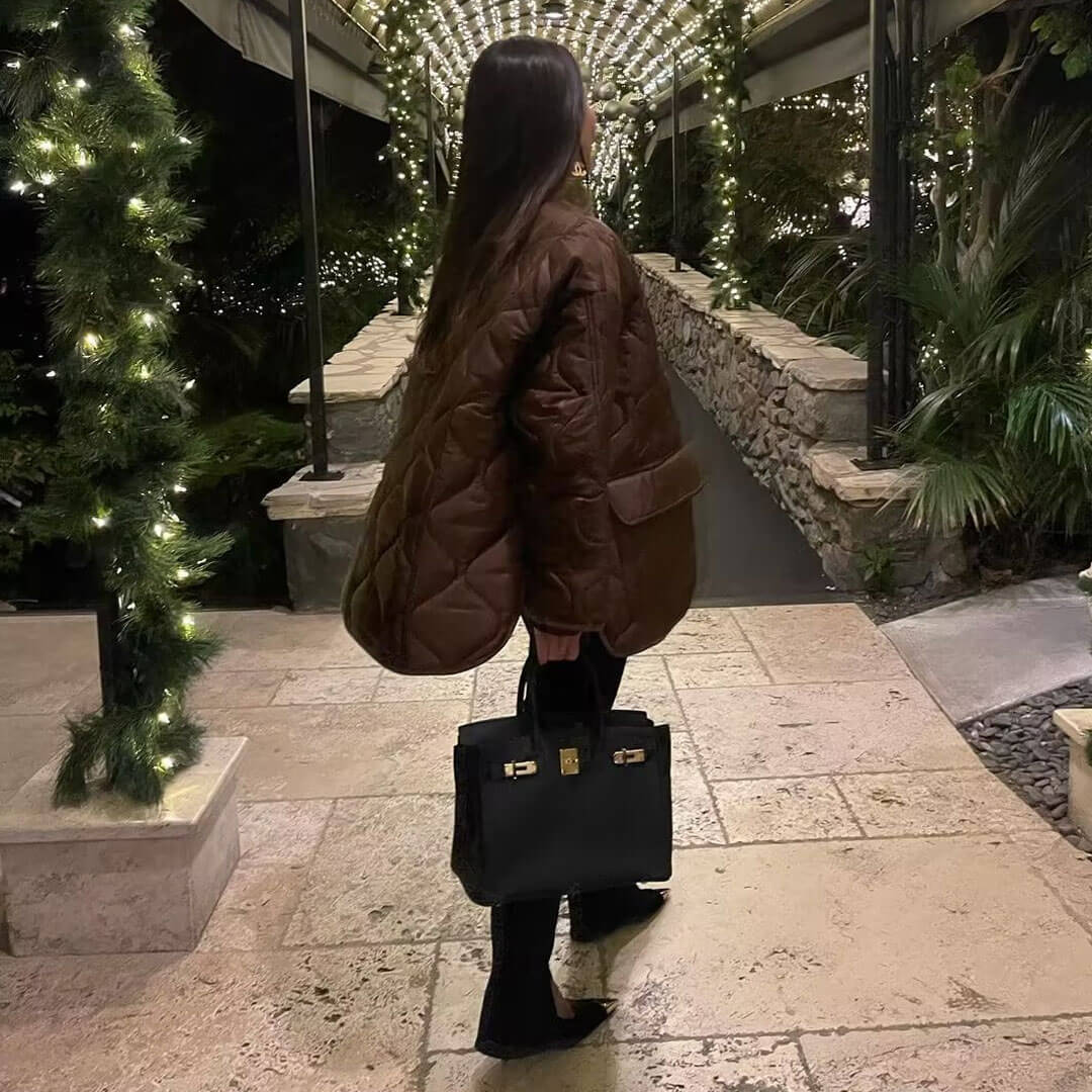 Oversized Long Sleeve Button Down Flap Pocket Quilted Jacket - Chocolate - Image 3
