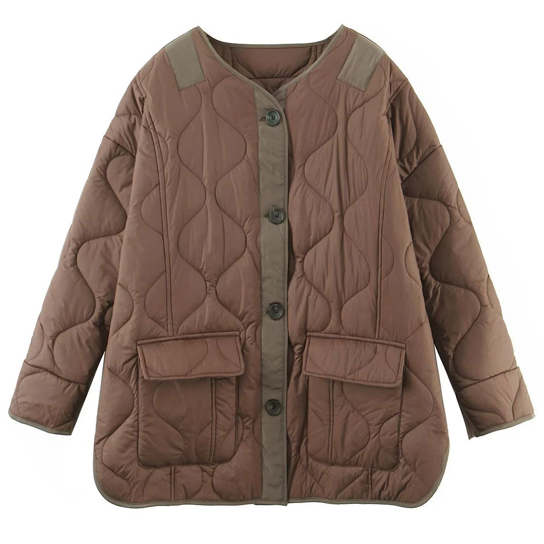 Oversized Long Sleeve Button Down Flap Pocket Quilted Jacket - Chocolate - Image 4