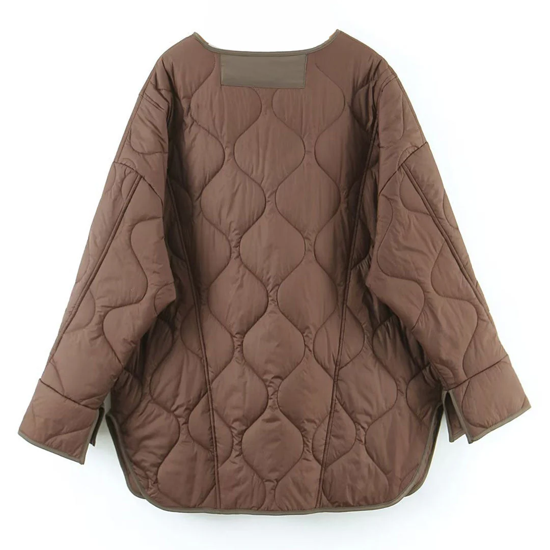 Oversized Long Sleeve Button Down Flap Pocket Quilted Jacket - Chocolate - Image 5