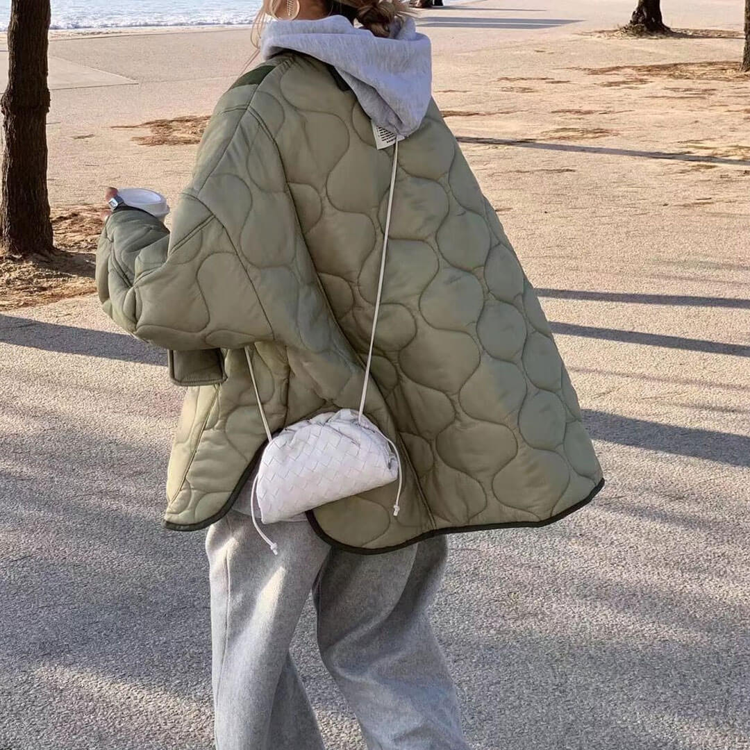 Oversized Long Sleeve Button Down Flap Pocket Quilted Jacket - Sage Green - Image 2
