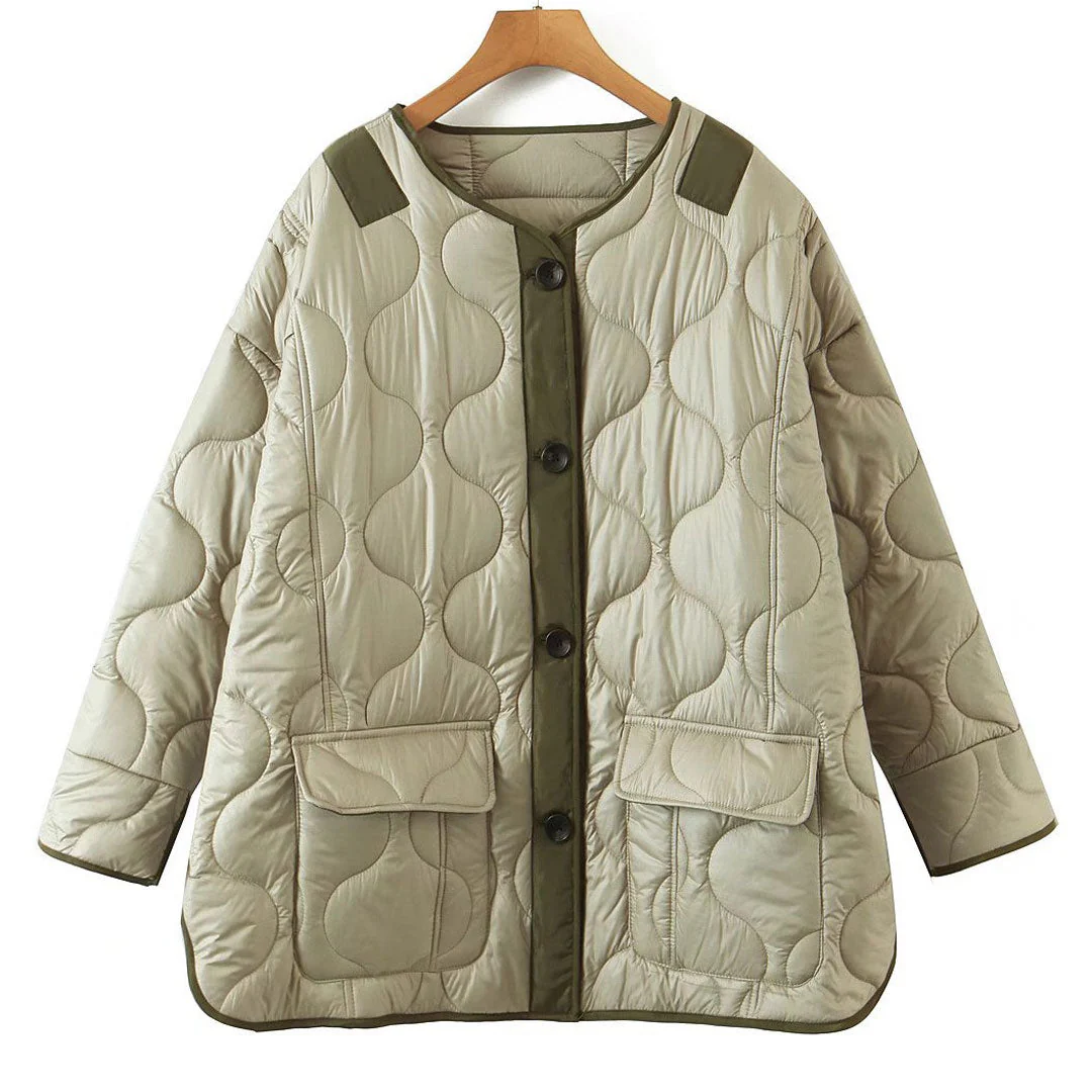 Oversized Long Sleeve Button Down Flap Pocket Quilted Jacket - Sage Green - Image 3