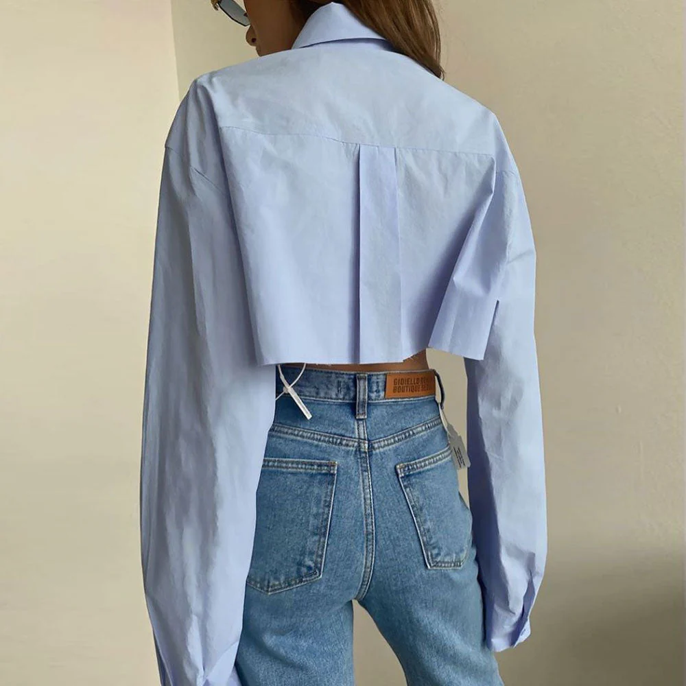 Oversized Long Sleeve Button Down Pointed Collar Cropped Shirt - Baby Blue - Image 3